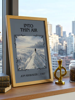 Into Thin Air Classic Book Art Print by Jon Krakauer – framed print on a city-view windowsill