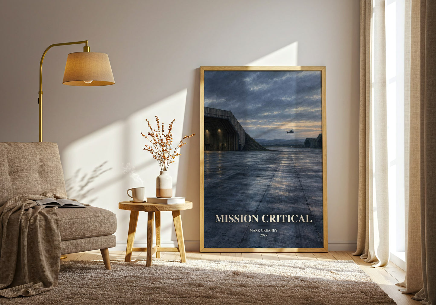 Mission Critical watercolour print in frame leaning in hallway – thriller wall art