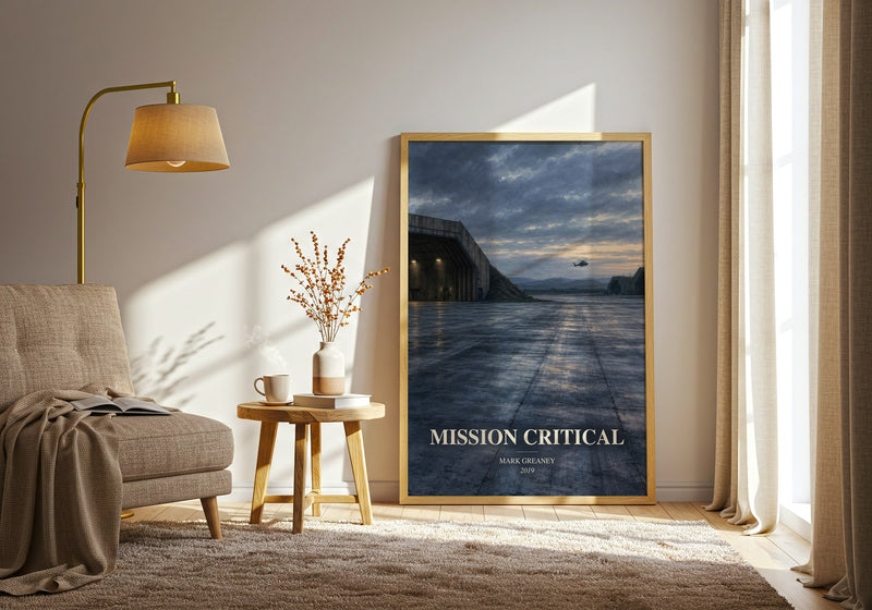 Mission Critical watercolour print in frame leaning in hallway – thriller wall art
