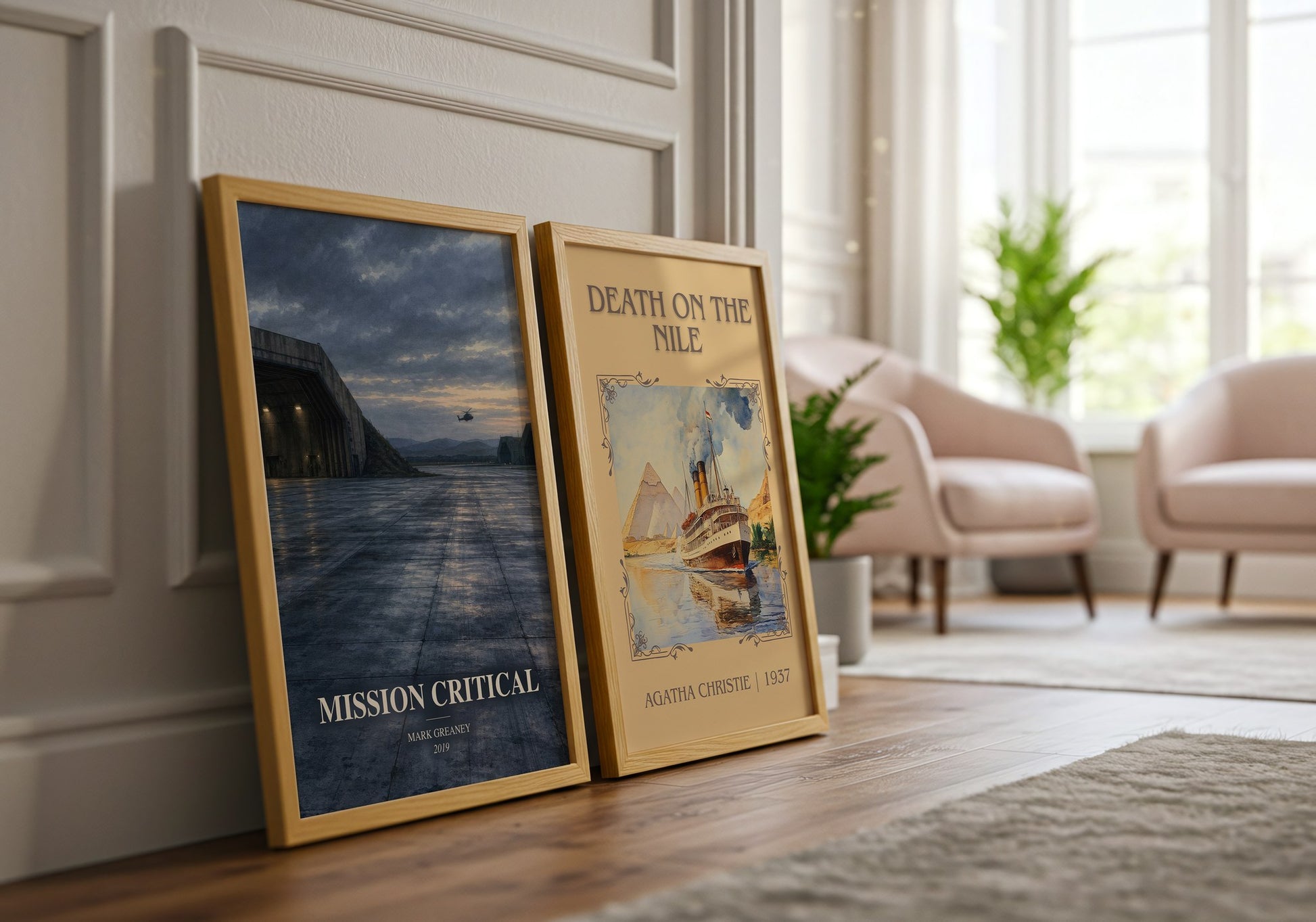 Mission Critical watercolour print framed by window – literary home decor
