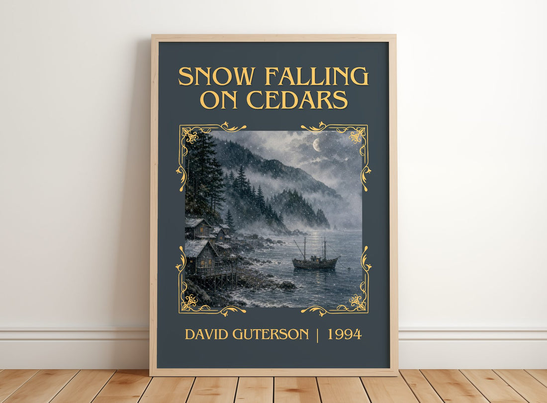 Snow Falling on Cedars Classic Book Art Print by David Guterson – framed print leaning on a wooden floor