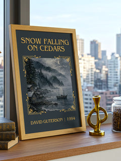 Snow Falling on Cedars Classic Book Art Print by David Guterson – framed print on a city-view windowsill