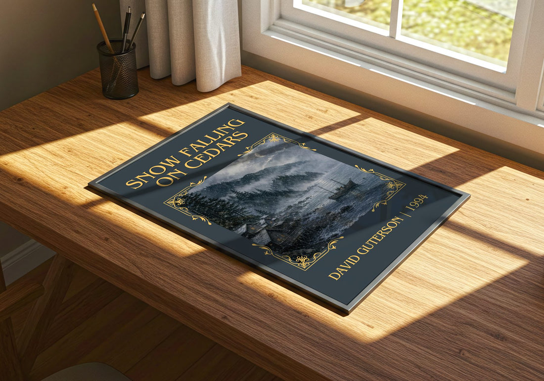 Snow Falling on Cedars Classic Book Art Print by David Guterson – print on a sunlit desk