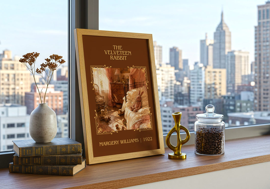 The Velveteen Rabbit Classic Book Art Print by Margery Williams – framed print on a city-view windowsill