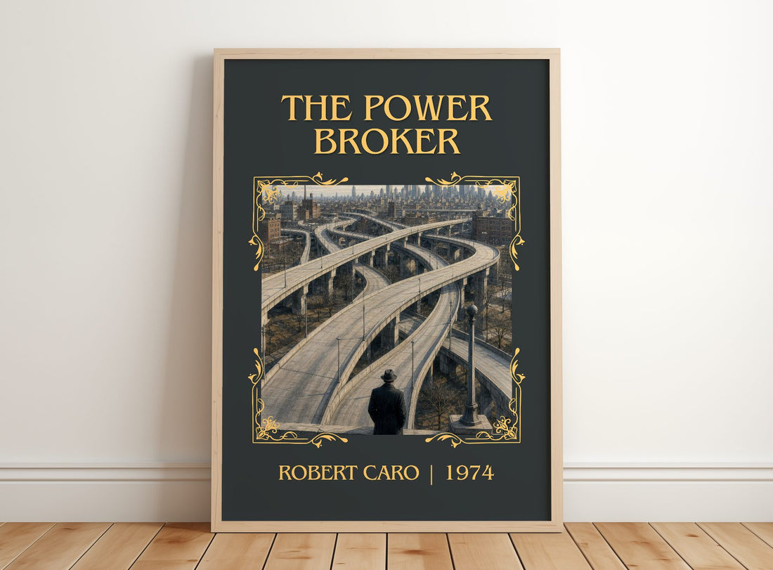 The Power Broker Classic Book Art Print by Robert Caro – framed print leaning on a wooden floor
