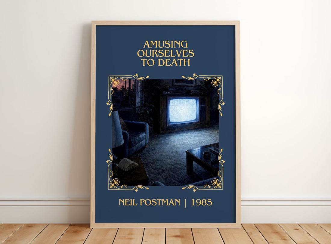 Amusing Ourselves To Death Classic Book Art Print by Neil Postman – framed print leaning on a wooden floor