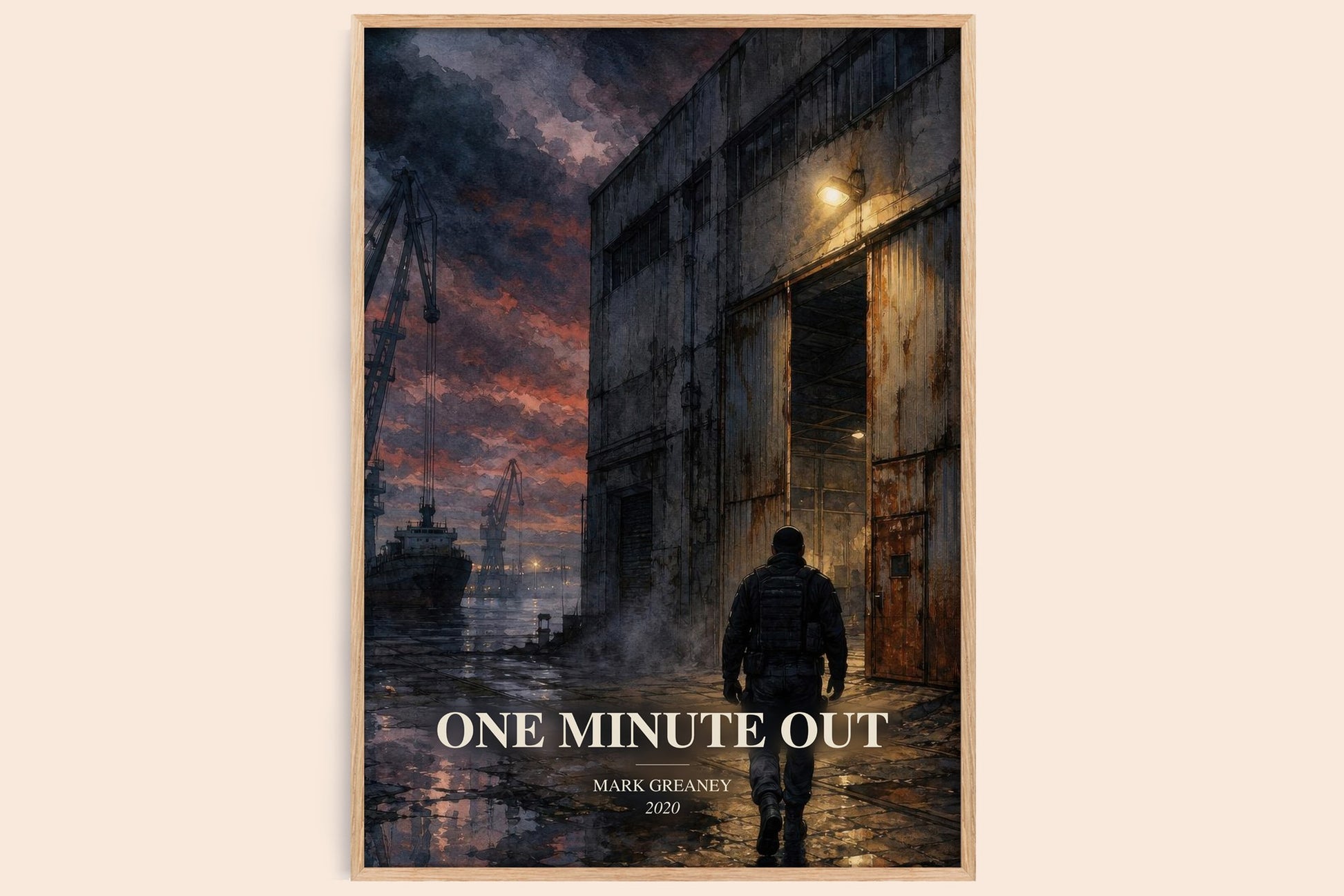 One Minute Out watercolour book poster by Mark Greaney – framed literary art print