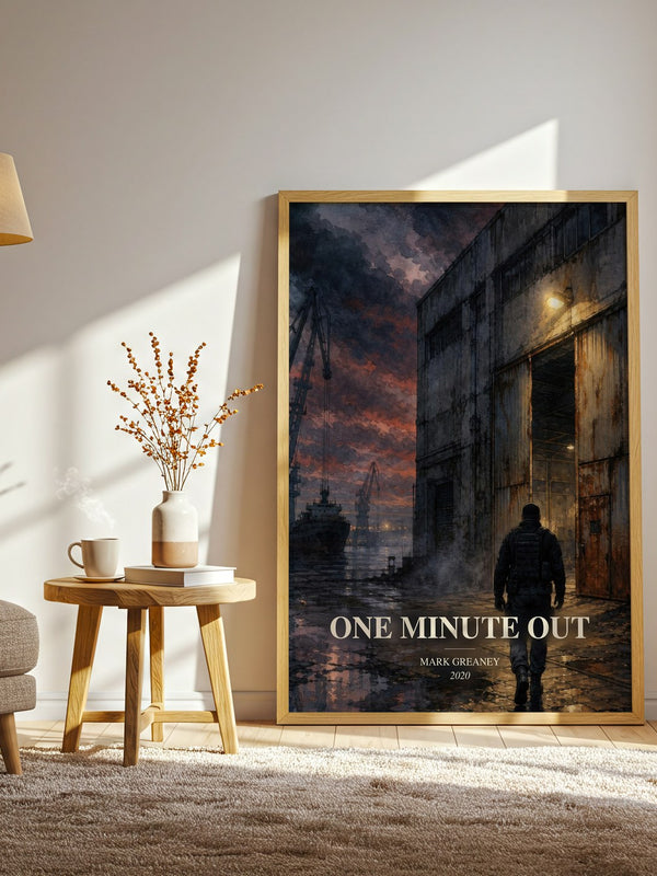 One Minute Out watercolour print in frame leaning in hallway – thriller wall art