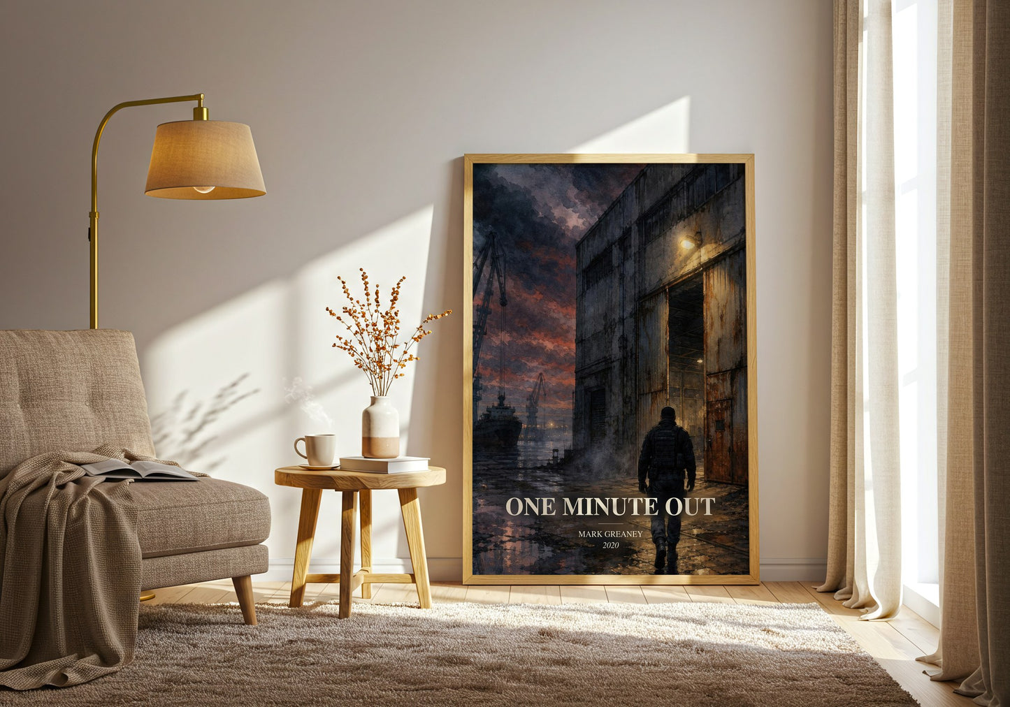 One Minute Out watercolour print in frame leaning in hallway – thriller wall art