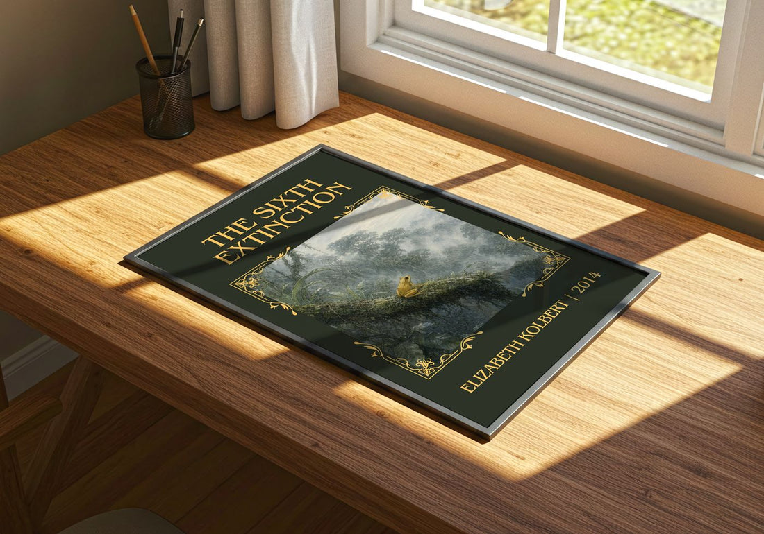 The Sixth Extinction Classic Book Art Print by Elizabeth Kolbert – print on a sunlit desk
