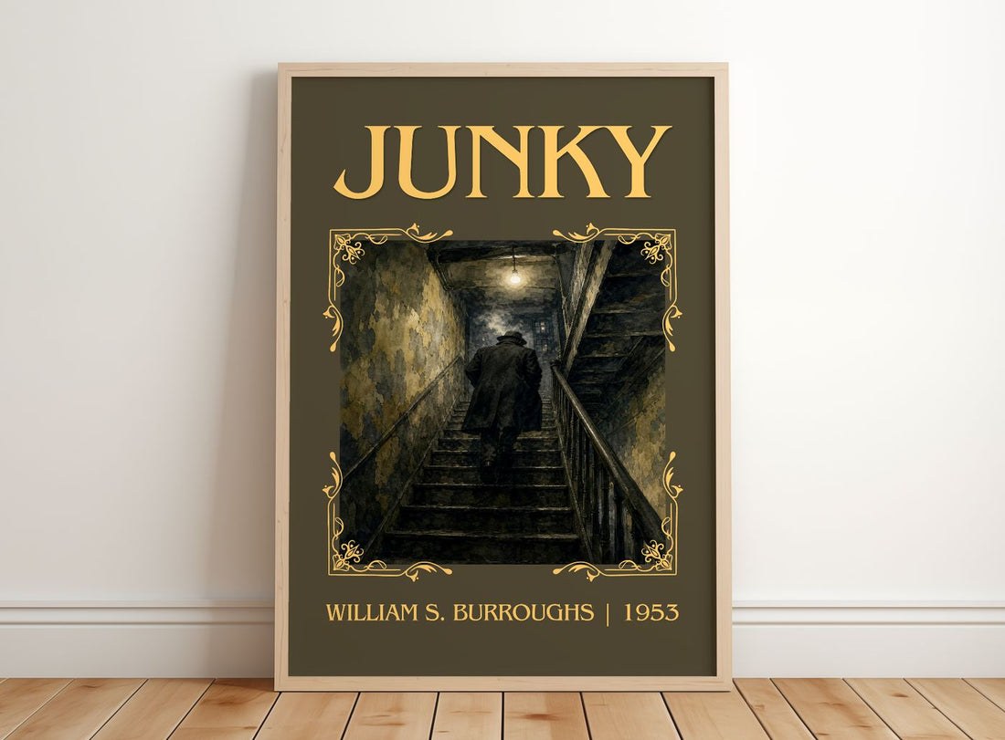 Junky Classic Book Art Print by William S. Burroughs – framed print leaning on a wooden floor