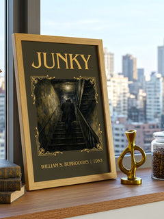 Junky Classic Book Art Print by William S. Burroughs – framed print on a city-view windowsill