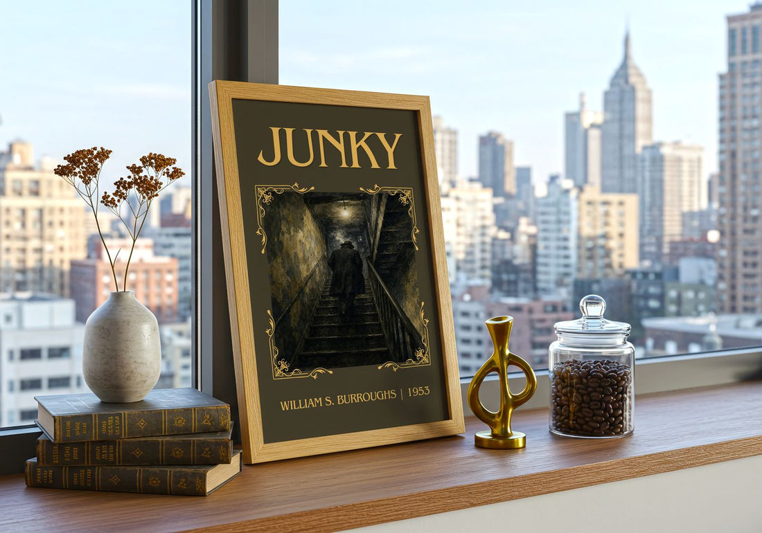 Junky Classic Book Art Print by William S. Burroughs – framed print on a city-view windowsill