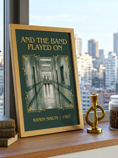 And the Band Played On Classic Book Art Print by Randy Shilts – framed print on a city-view windowsill