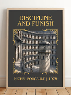 Discipline and Punish Classic Book Art Print by Michel Foucault – framed print leaning on a wooden floor