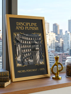 Discipline and Punish Classic Book Art Print by Michel Foucault – framed print on a city-view windowsill