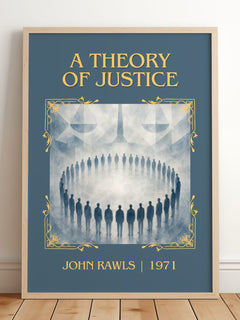 A Theory of Justice Classic Book Art Print by John Rawls – framed print leaning on a wooden floor