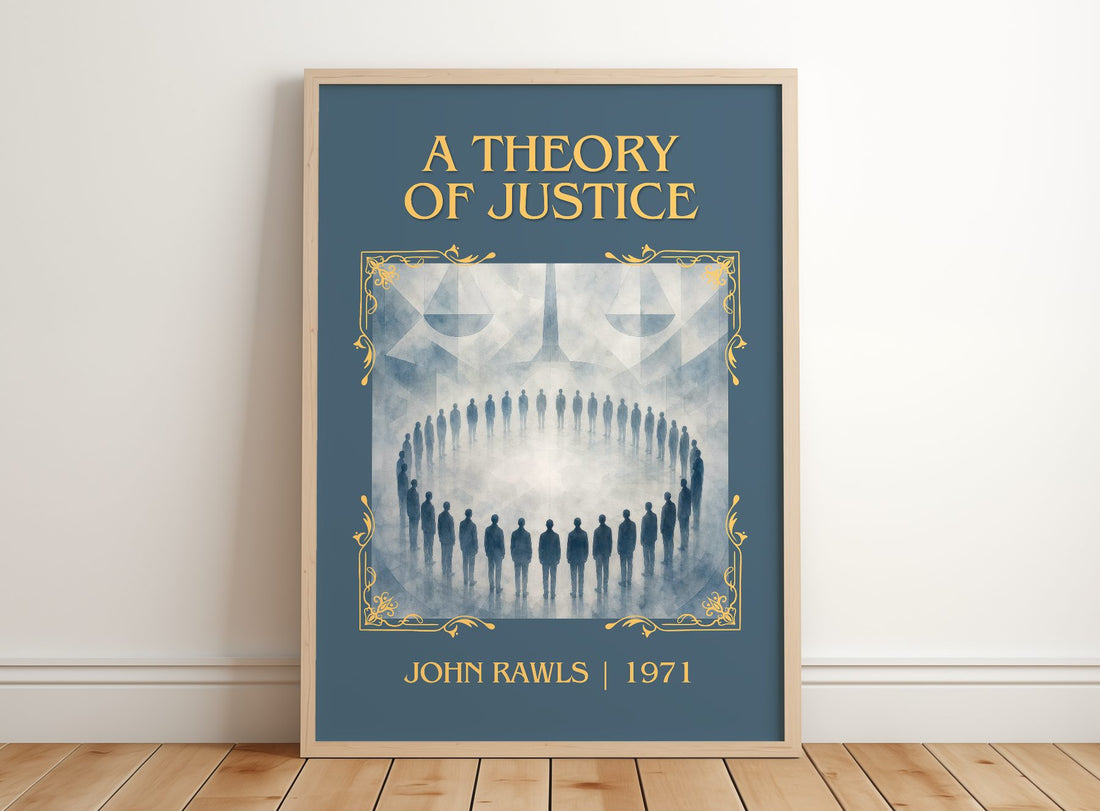 A Theory of Justice Classic Book Art Print by John Rawls – framed print leaning on a wooden floor