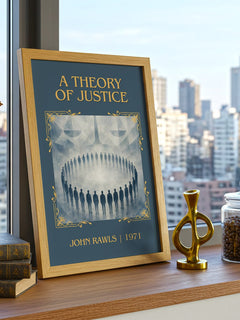 A Theory of Justice Classic Book Art Print by John Rawls – framed print on a city-view windowsill