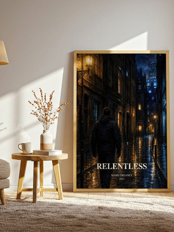 Relentless watercolour print in frame leaning in hallway – thriller wall art