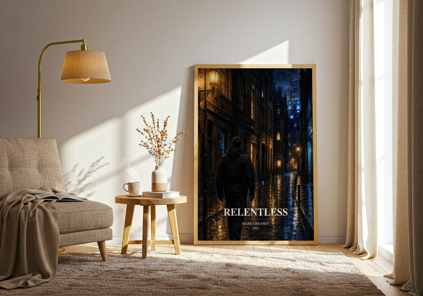 Relentless watercolour print in frame leaning in hallway – thriller wall art