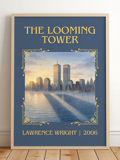 The Looming Tower Classic Book Art Print by Lawrence Wright – framed print leaning on a wooden floor