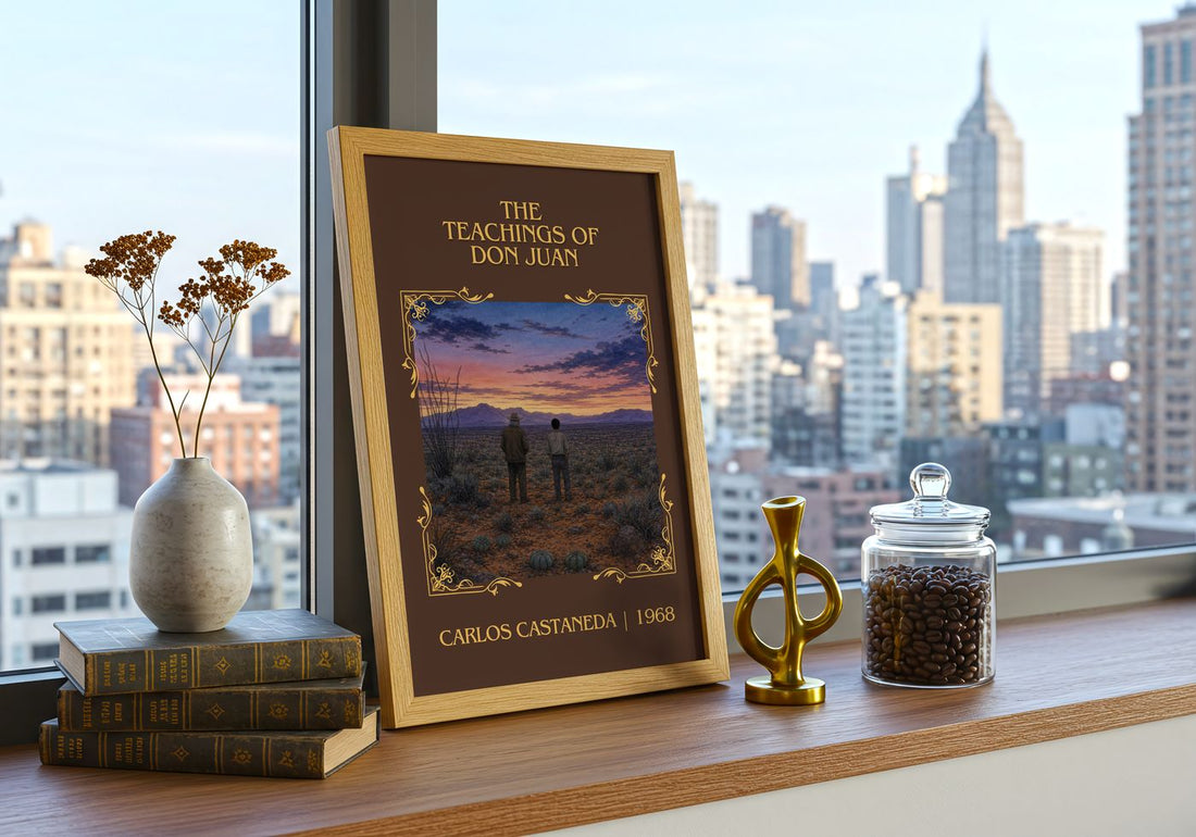 The Teachings Of Don Juan Classic Book Art Print by Carlos Castaneda – framed print on a city-view windowsill