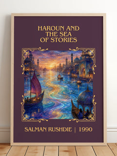 Haroun and the Sea of Stories Classic Book Art Print by Salman Rushdie – framed print leaning on a wooden floor