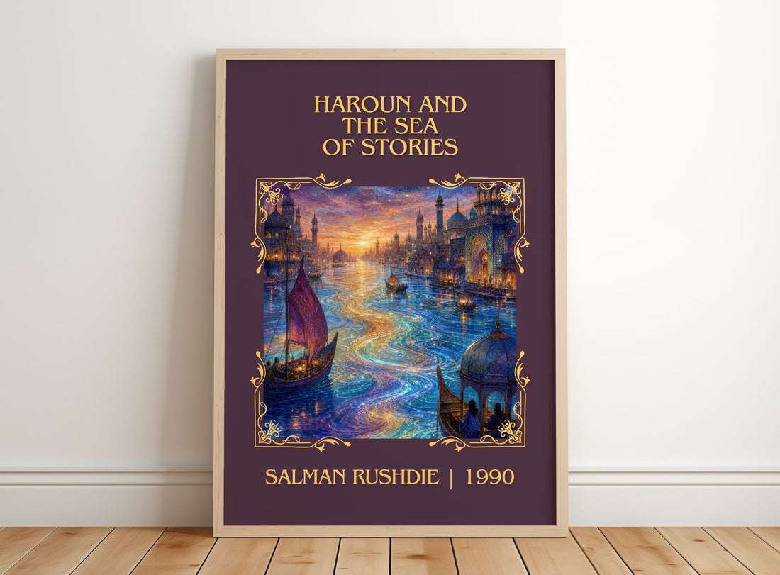 Haroun and the Sea of Stories Classic Book Art Print by Salman Rushdie – framed print leaning on a wooden floor