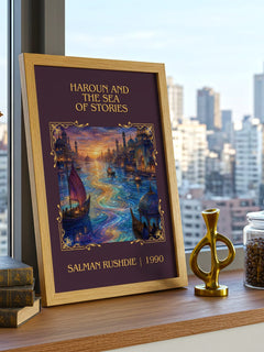Haroun and the Sea of Stories Classic Book Art Print by Salman Rushdie – framed print on a city-view windowsill
