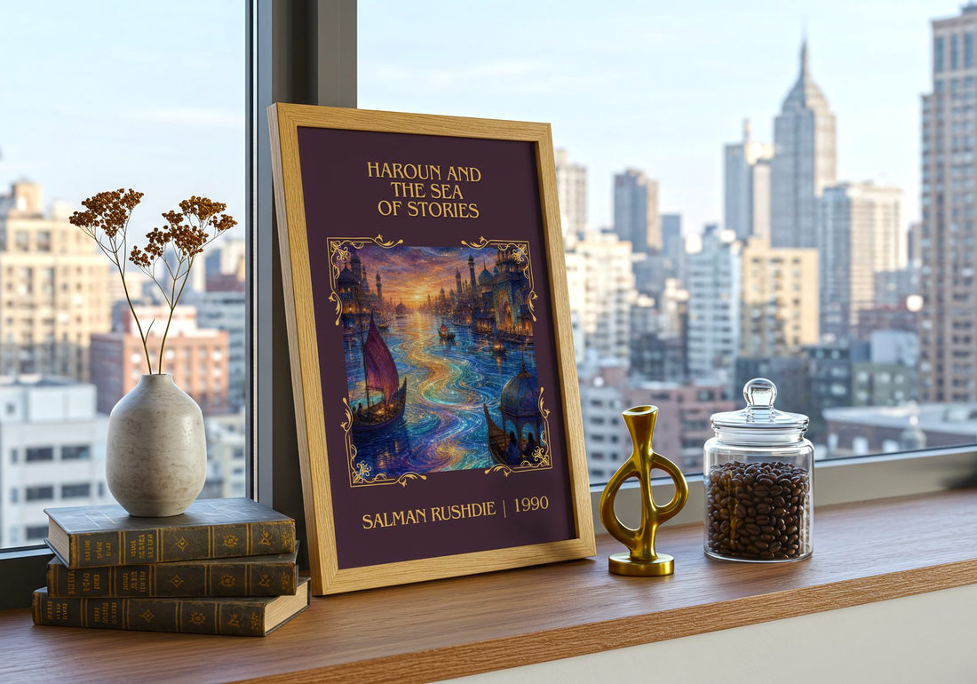 Haroun and the Sea of Stories Classic Book Art Print by Salman Rushdie – framed print on a city-view windowsill