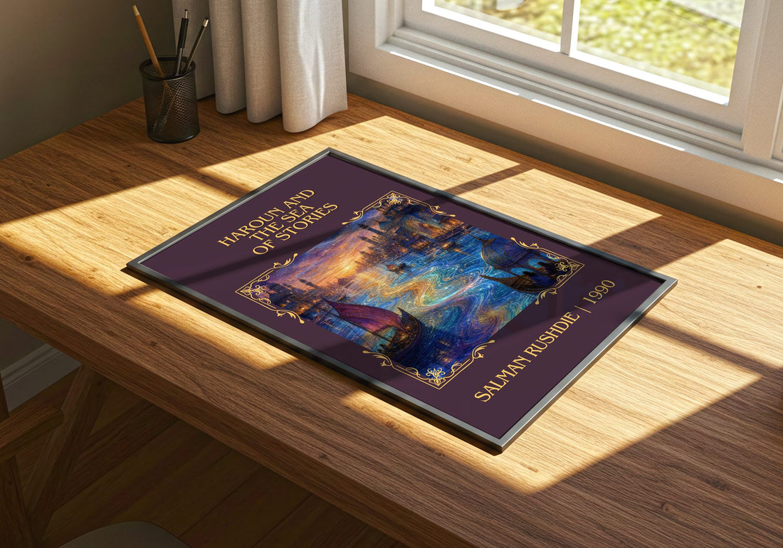 Haroun and the Sea of Stories Classic Book Art Print by Salman Rushdie – print on a sunlit desk