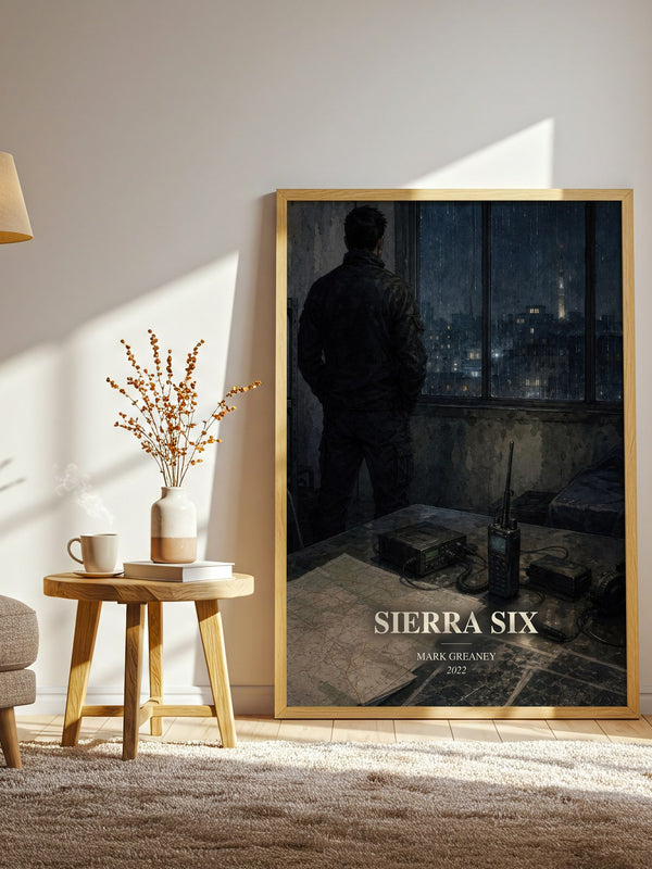 Sierra Six watercolour print in frame leaning in hallway – thriller wall art