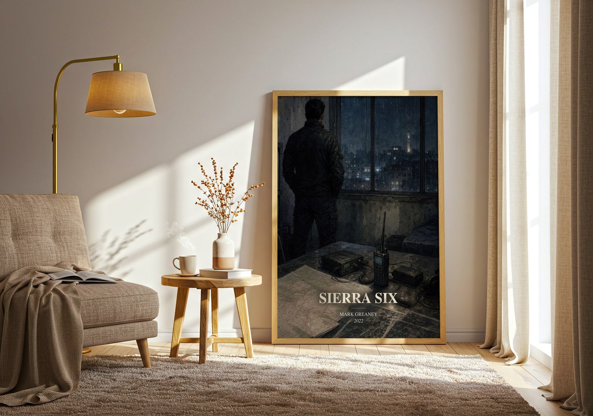 Sierra Six watercolour print in frame leaning in hallway – thriller wall art
