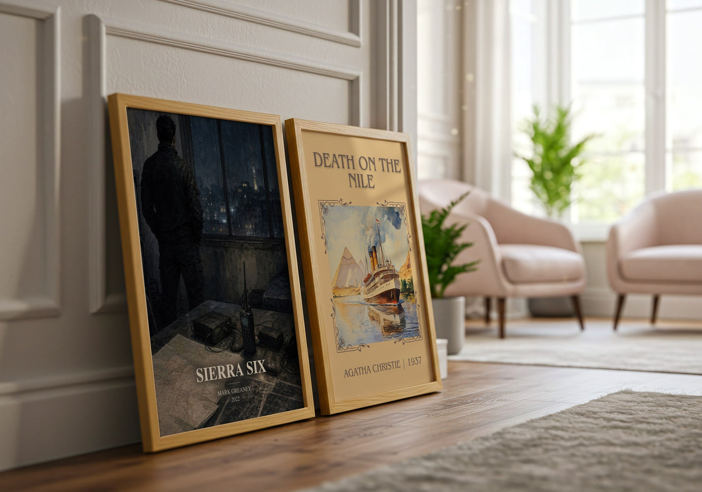 Sierra Six watercolour print framed by window – literary home decor