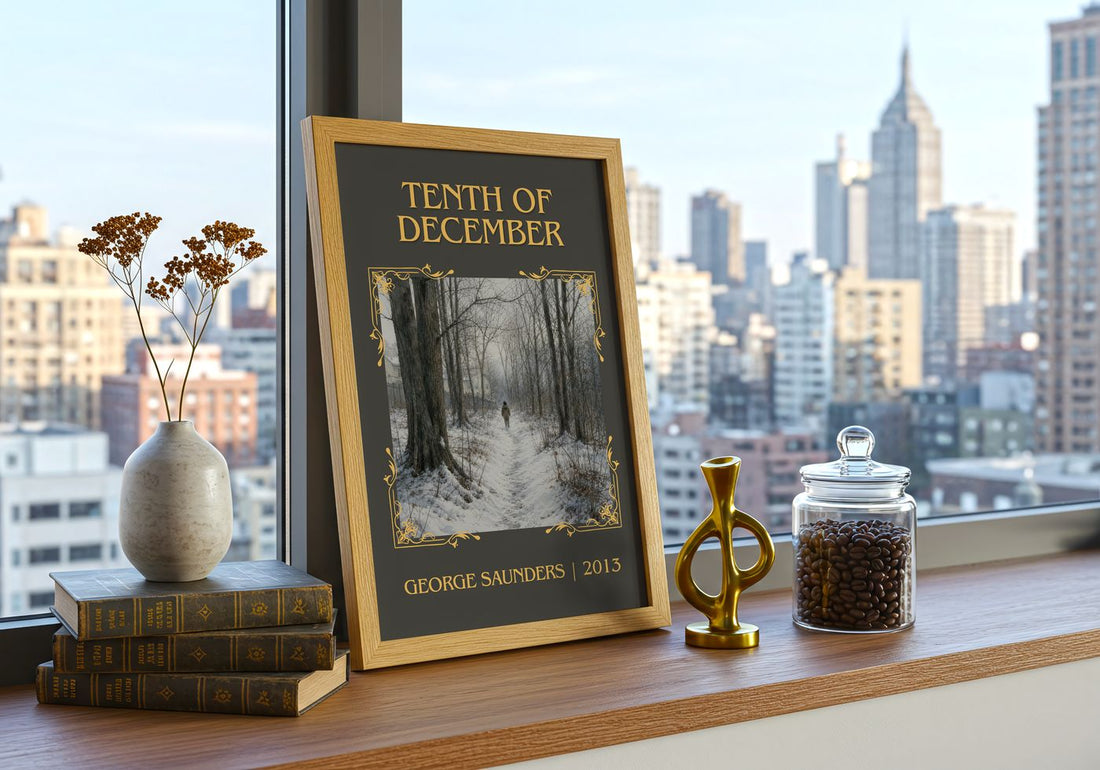 Tenth of December Classic Book Art Print by George Saunders – framed print on a city-view windowsill