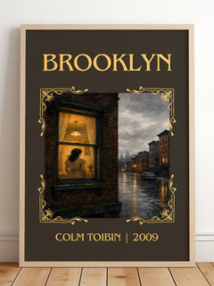 Brooklyn Classic Book Art Print by Colm Toibin – framed print leaning on a wooden floor
