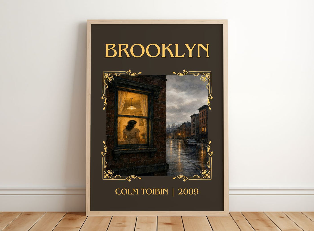 Brooklyn Classic Book Art Print by Colm Toibin – framed print leaning on a wooden floor