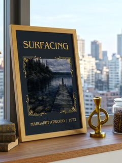 Surfacing Classic Book Art Print by Margaret Atwood – framed print on a city-view windowsill