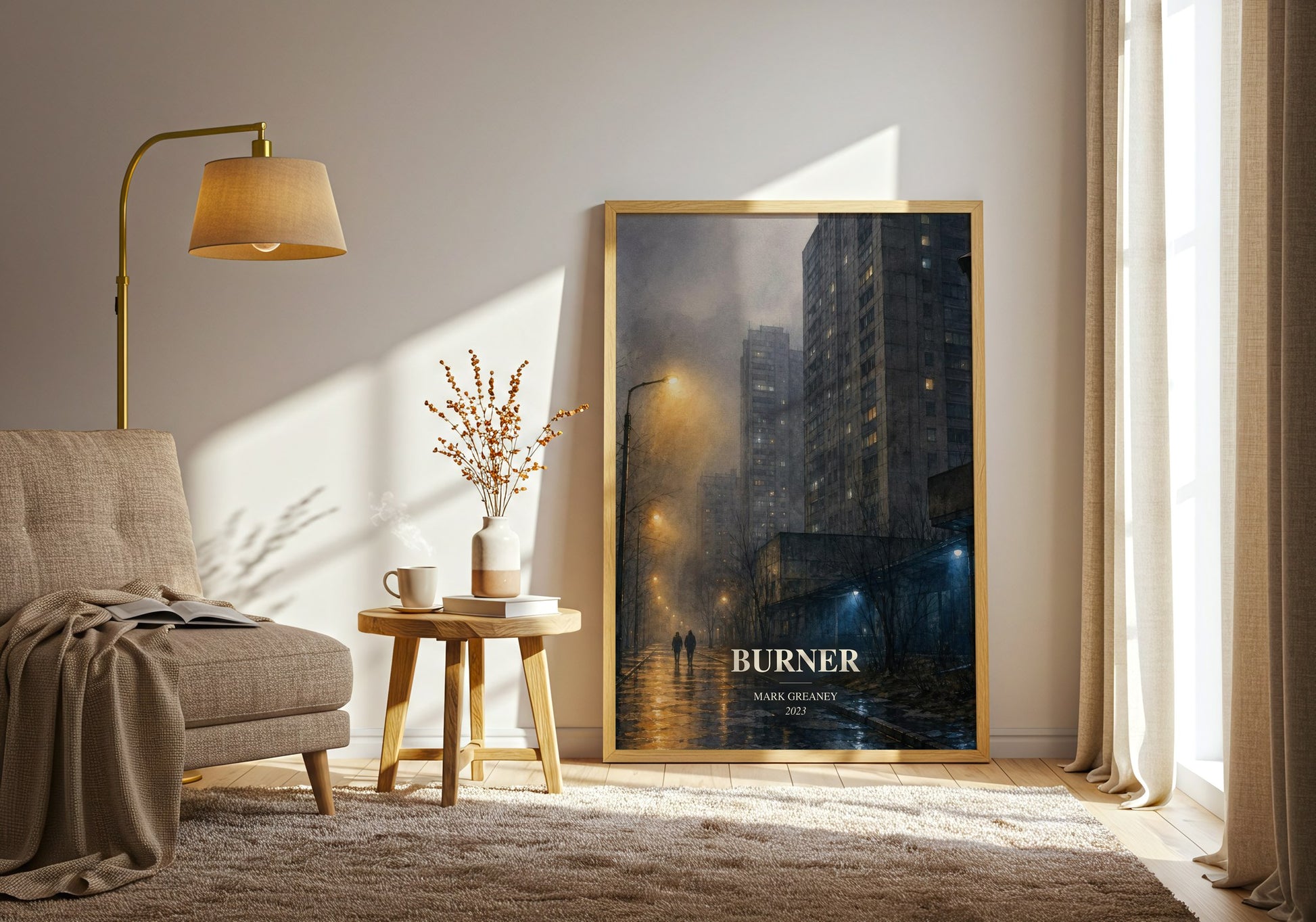 Burner watercolour print in frame leaning in hallway – thriller wall art