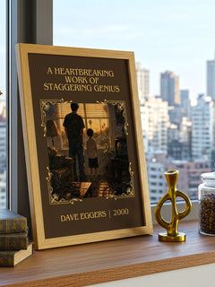 A Heartbreaking Work of Staggering Genius Classic Book Art Print by Dave Eggers – framed print on a city-view windowsill