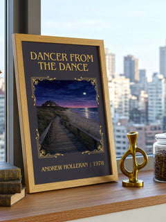 Dancer From The Dance Classic Book Art Print by Andrew Holleran – framed print on a city-view windowsill
