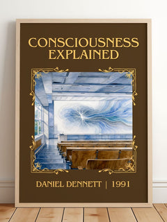Consciousness Explained Classic Book Art Print by Daniel Dennett – framed print leaning on a wooden floor