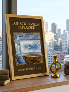Consciousness Explained Classic Book Art Print by Daniel Dennett – framed print on a city-view windowsill