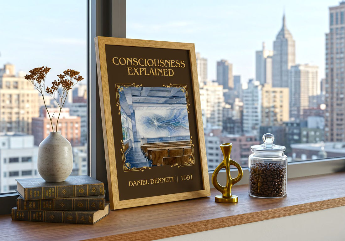 Consciousness Explained Classic Book Art Print by Daniel Dennett – framed print on a city-view windowsill
