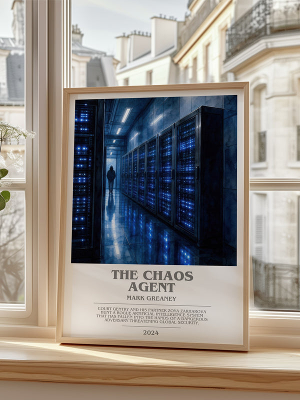The Chaos Agent Bookish Wall Art by Mark Greaney – framed print by a bright window