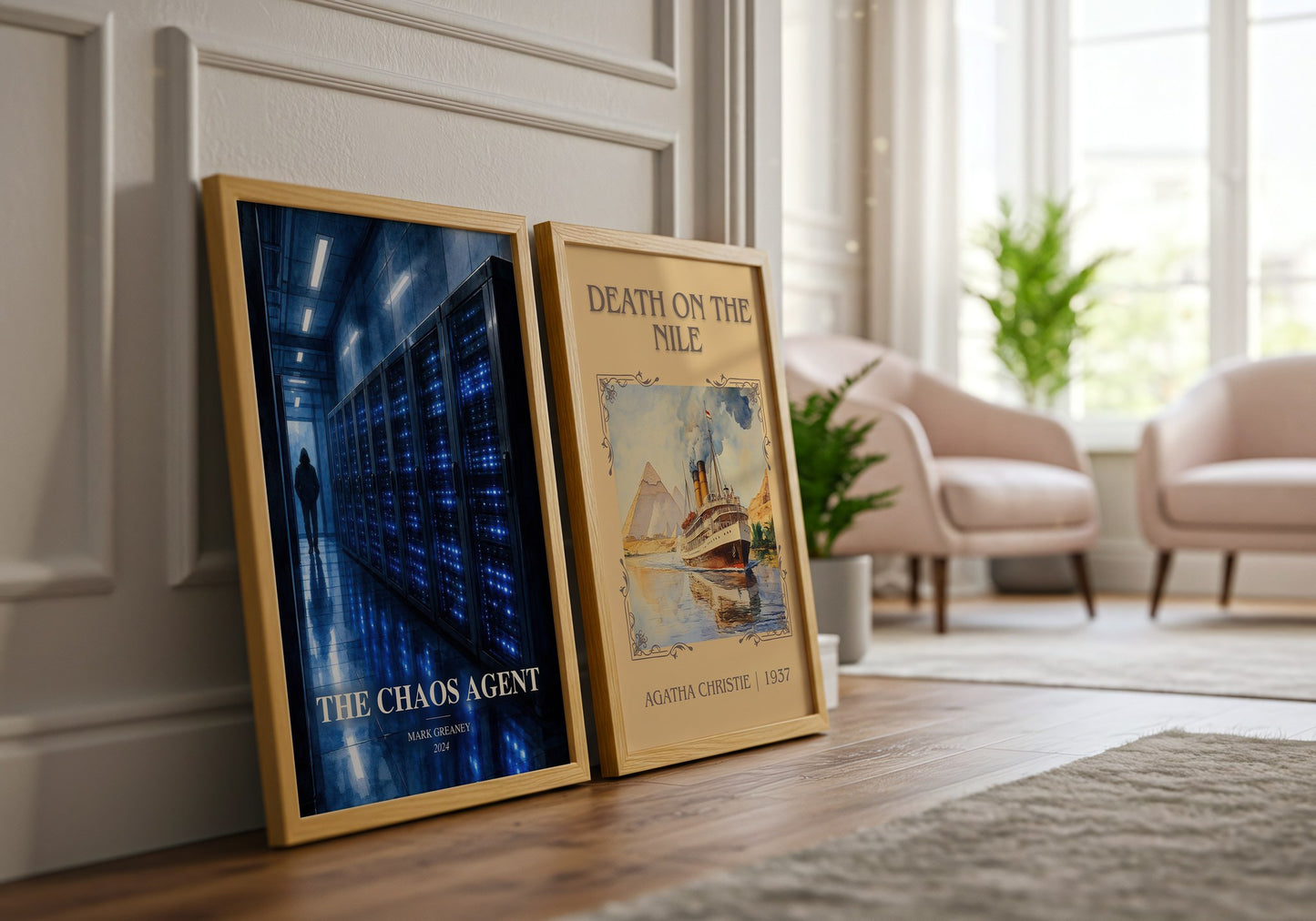 The Chaos Agent watercolour print framed by window – literary home decor