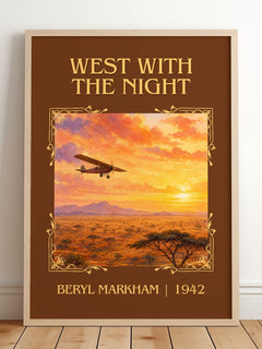 West With the Night Classic Book Art Print by Beryl Markham – framed print leaning on a wooden floor