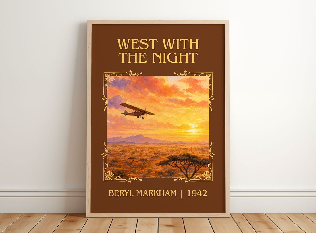 West With the Night Classic Book Art Print by Beryl Markham – framed print leaning on a wooden floor