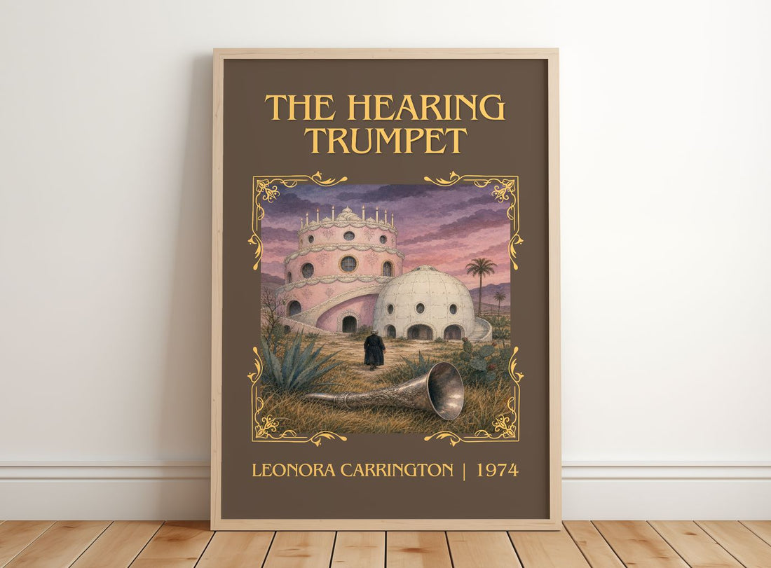 The Hearing Trumpet Classic Book Art Print by Leonora Carrington – framed print leaning on a wooden floor